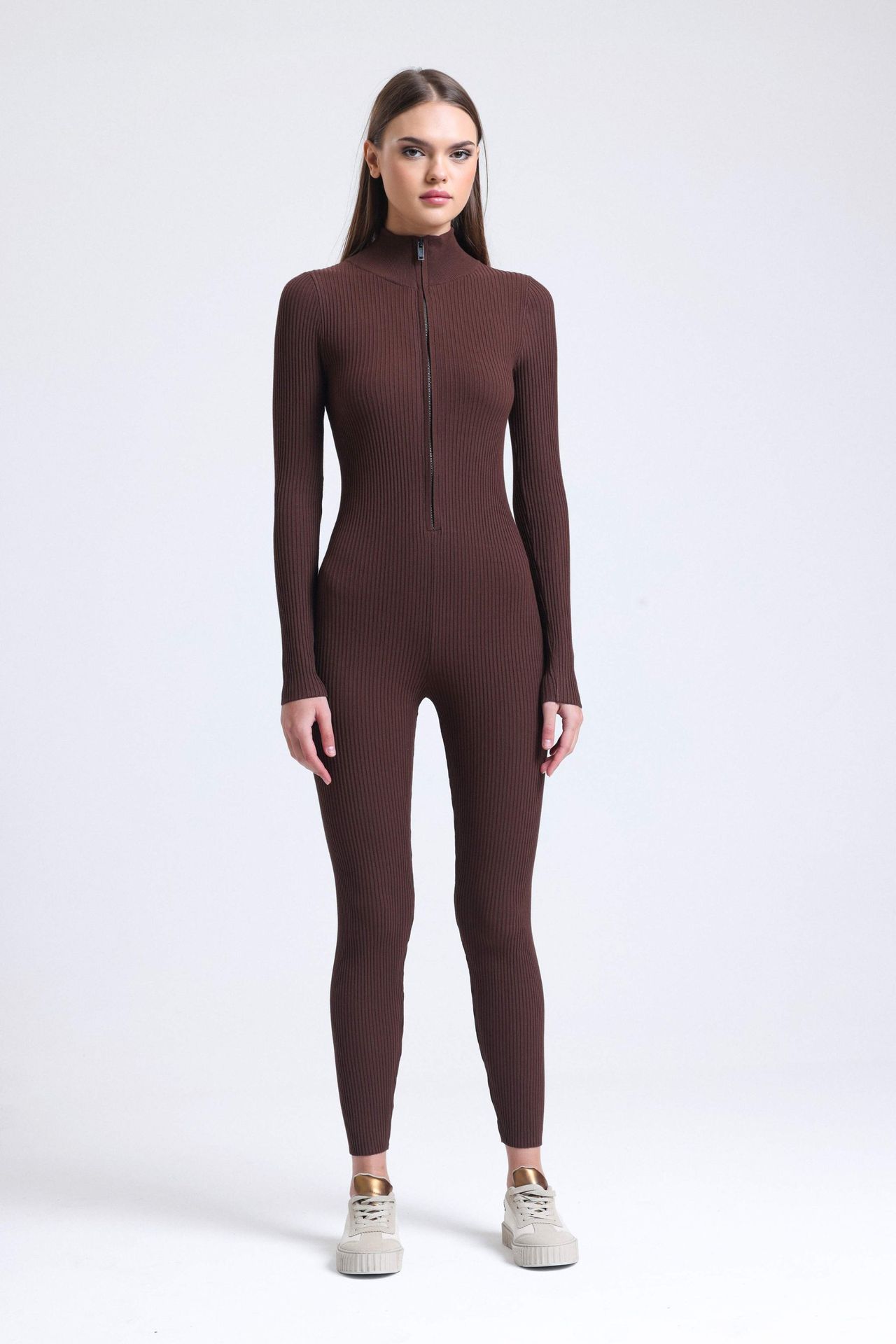 High Neck Ribbed Zippered Skinny Knitted Jumpsuit