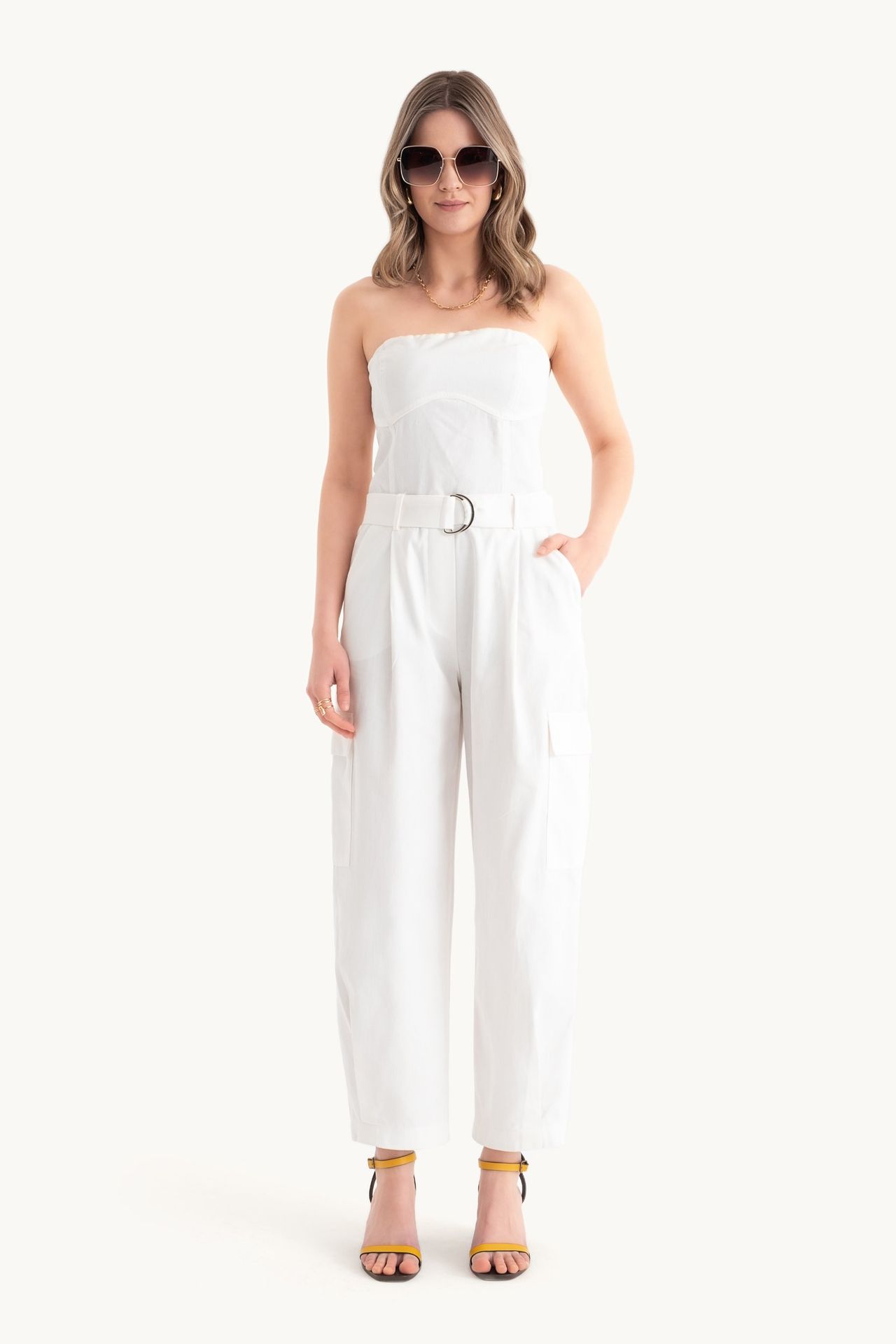 Strapless Straight Leg Jumpsuit with a Belt