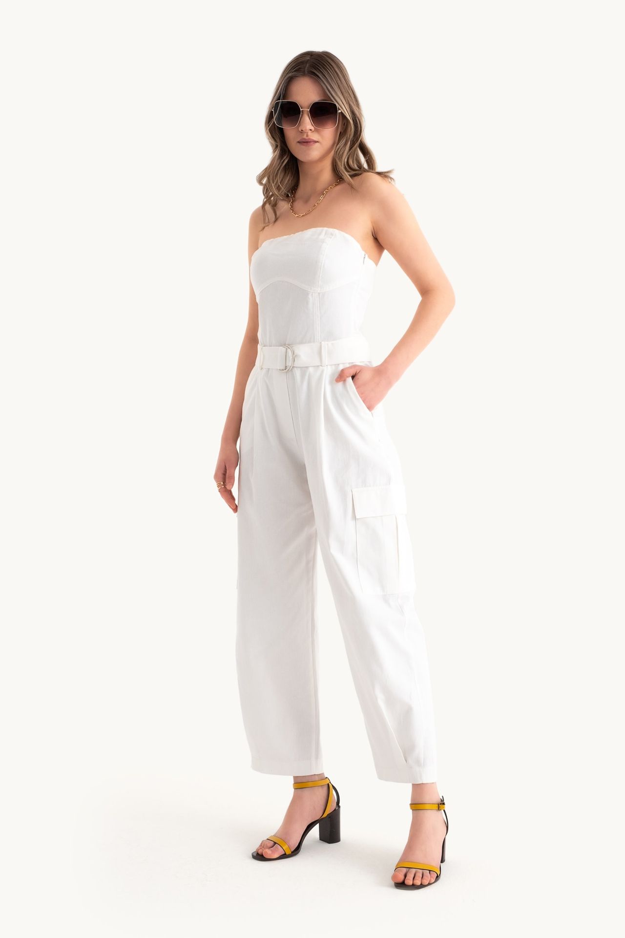 Strapless Straight Leg Jumpsuit with a Belt