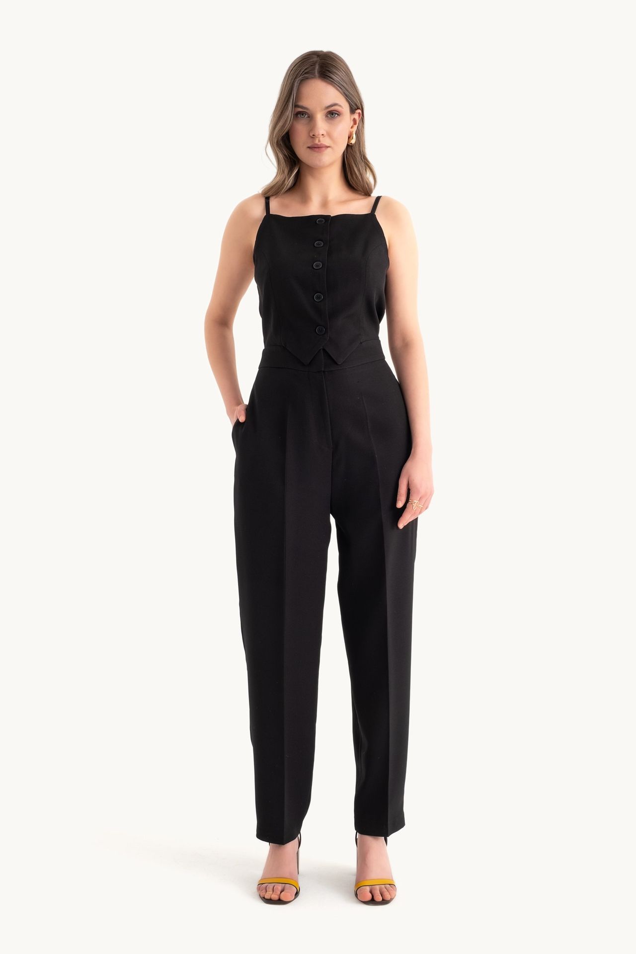 Square Neck Buttoned Straight Leg Jumpsuit