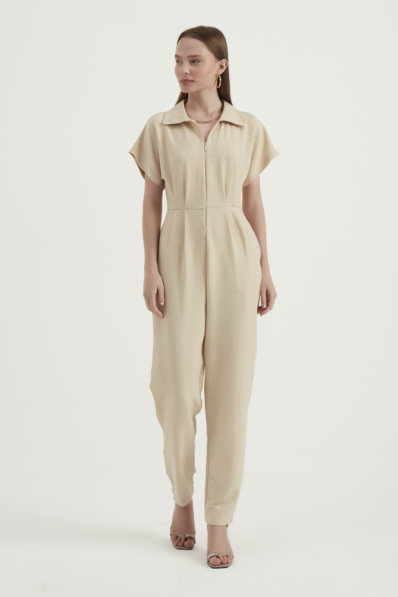 Polo Neck Pleated Short Sleeve Straight Leg Jumpsuit