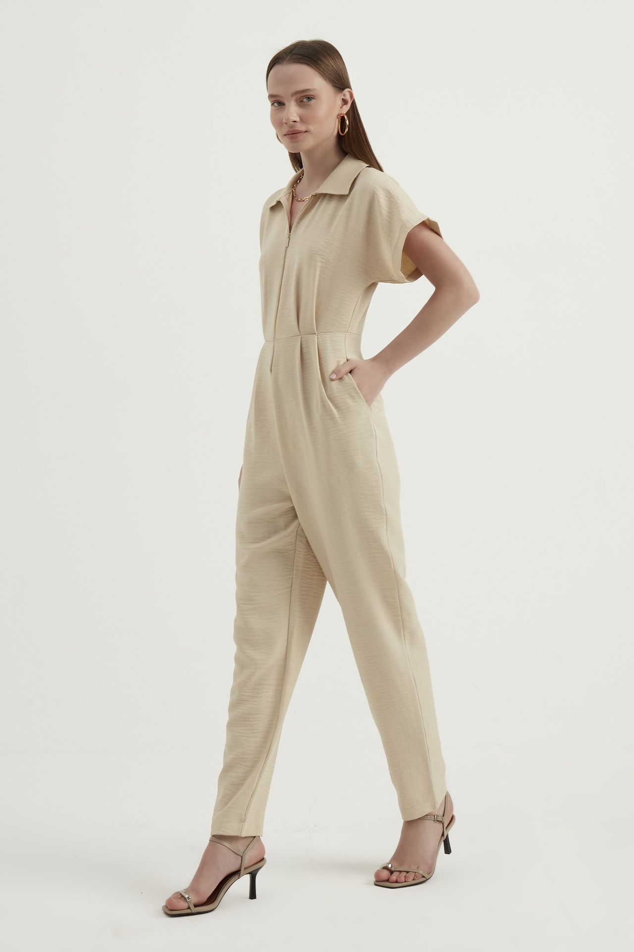 Polo Neck Pleated Short Sleeve Straight Leg Jumpsuit