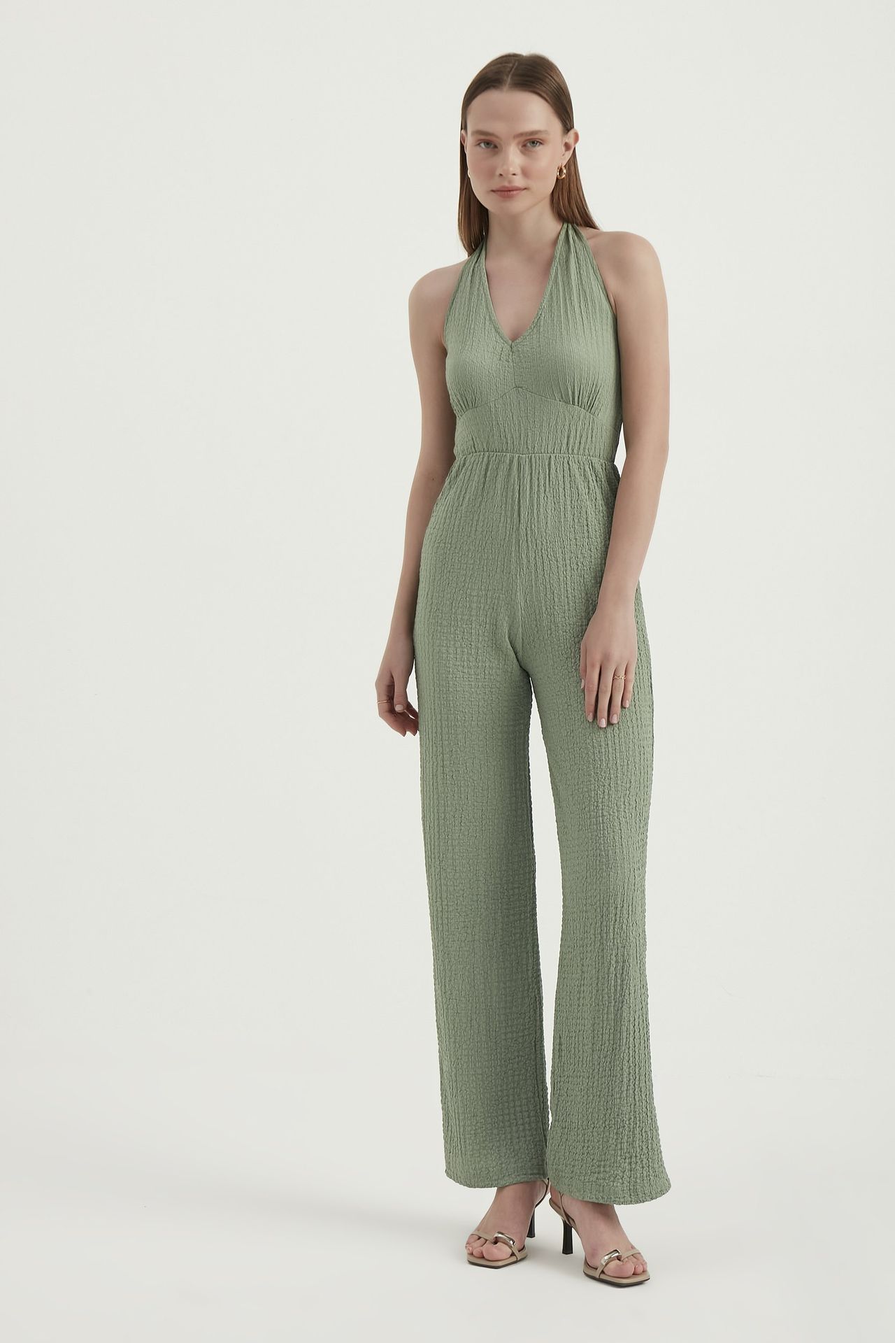 V Neck Tie Back Smocked Straight Leg Jumpsuit