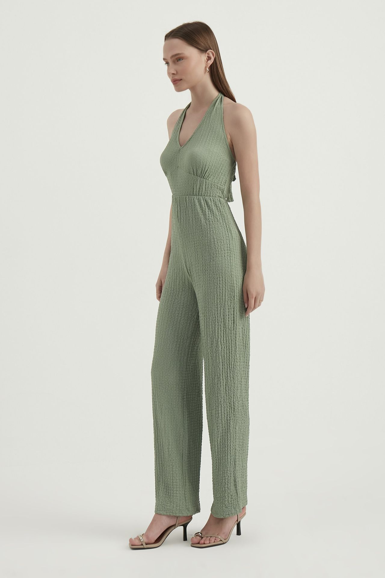 V Neck Tie Back Smocked Straight Leg Jumpsuit