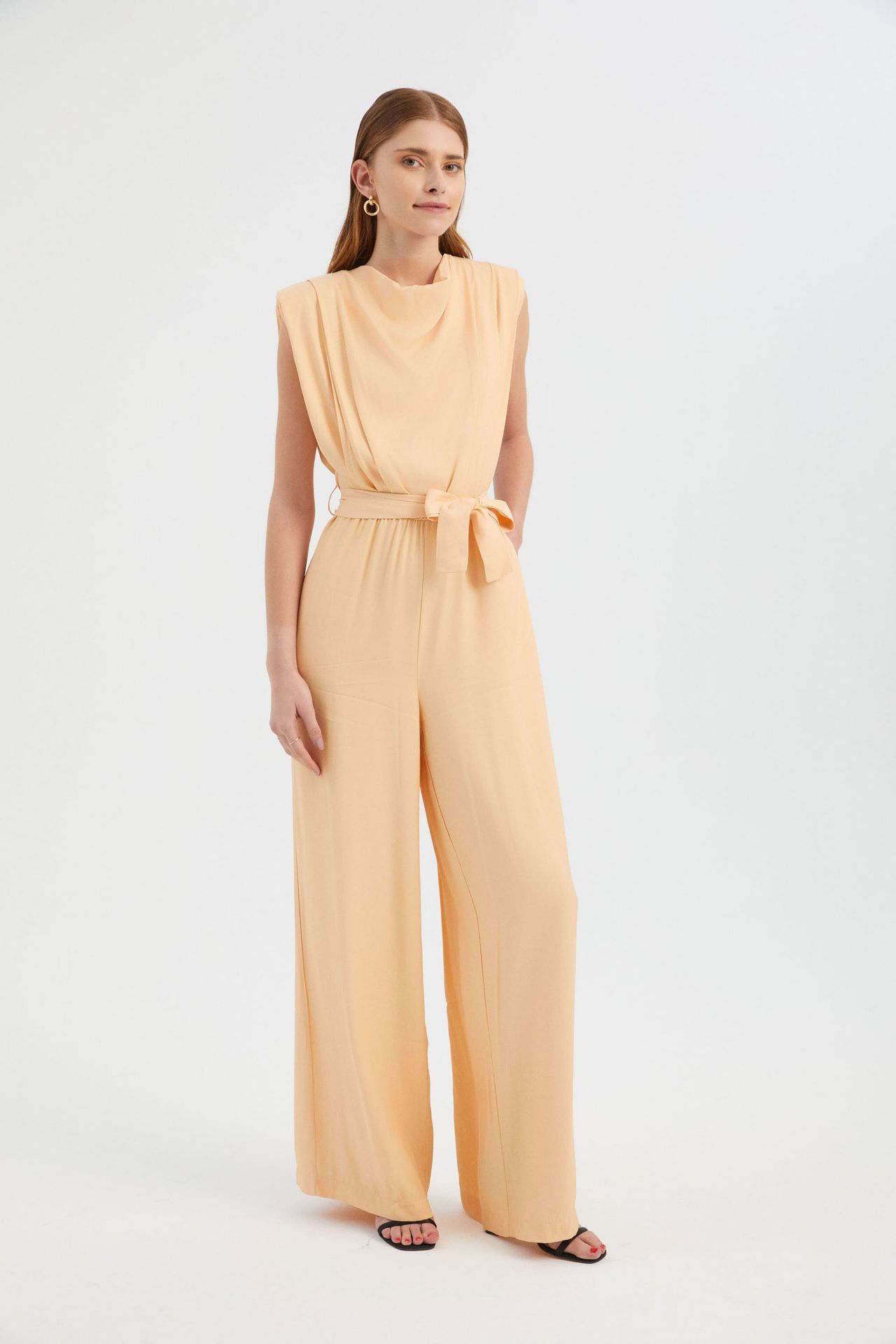 Crew Neck Wide Leg Jumpsuit with a Belt Detail