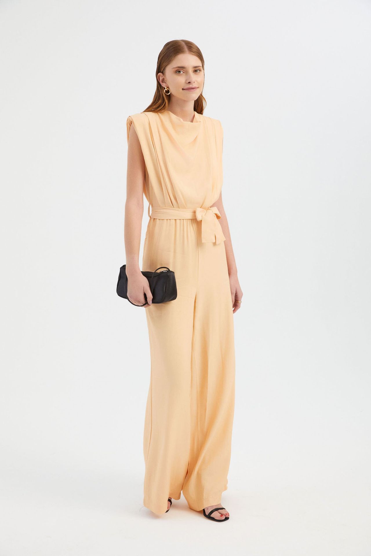 Crew Neck Wide Leg Jumpsuit with a Belt Detail