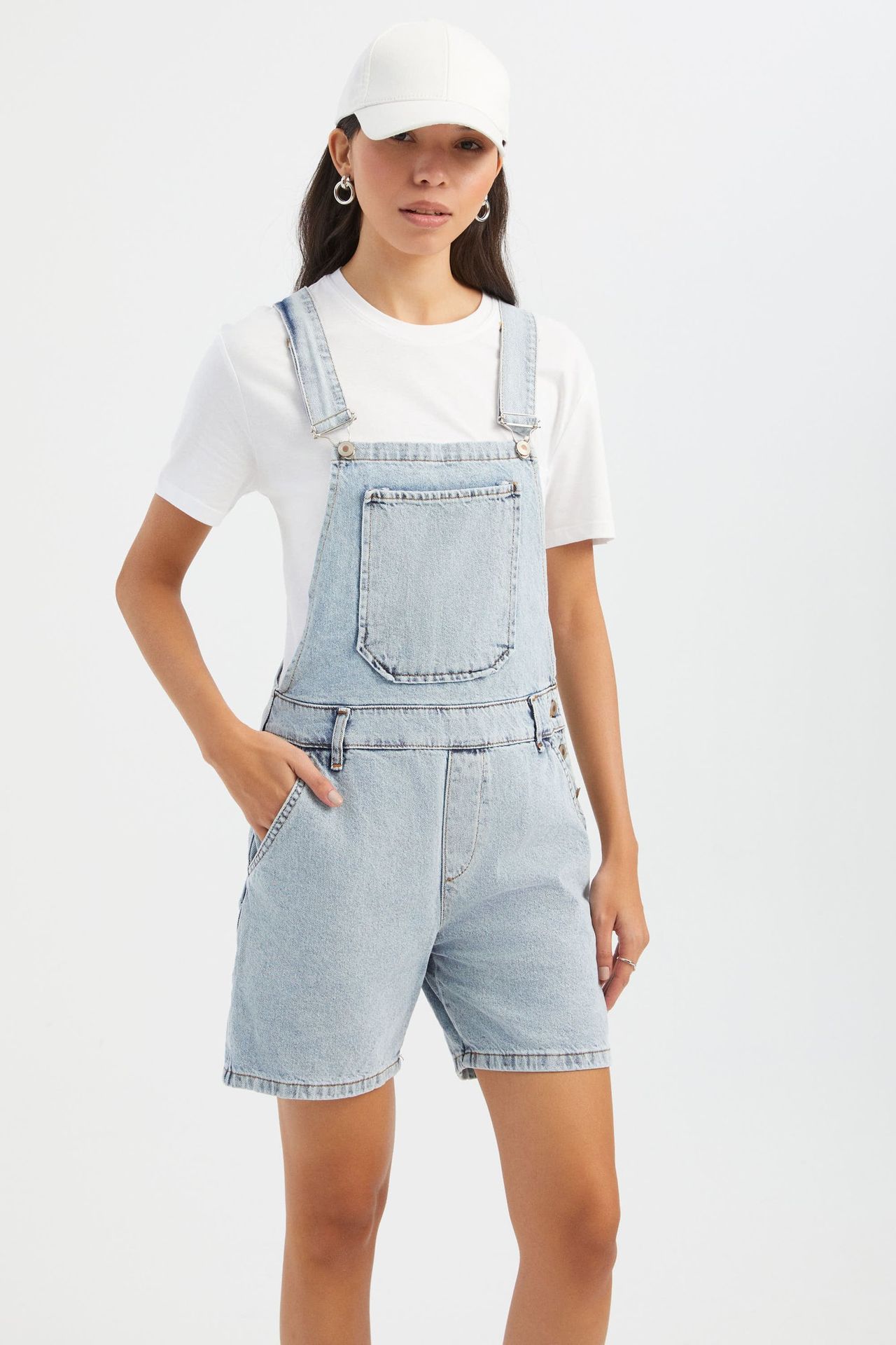 Denim Short Salopette with Belt Detail