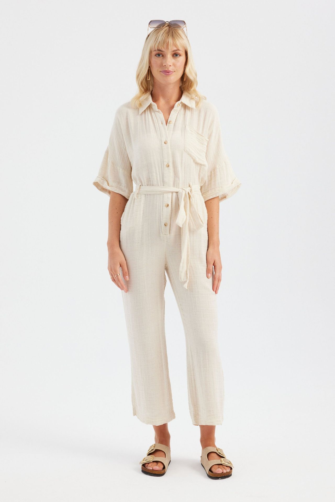 Shirt Collar Pocket Straight Leg Muslin Jumpsuit with a Belt Detail