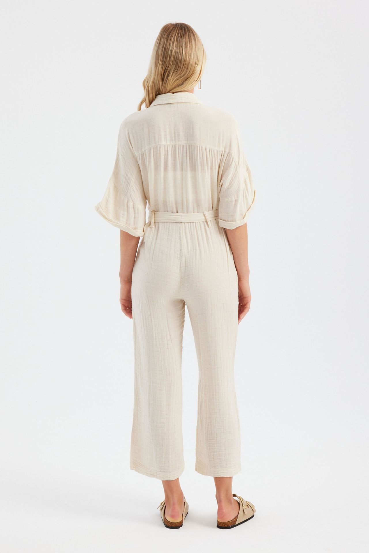 Shirt Collar Pocket Straight Leg Muslin Jumpsuit with a Belt Detail