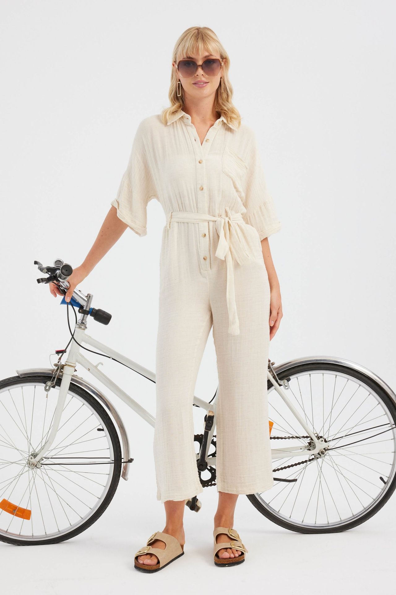 Shirt Collar Pocket Straight Leg Muslin Jumpsuit with a Belt Detail