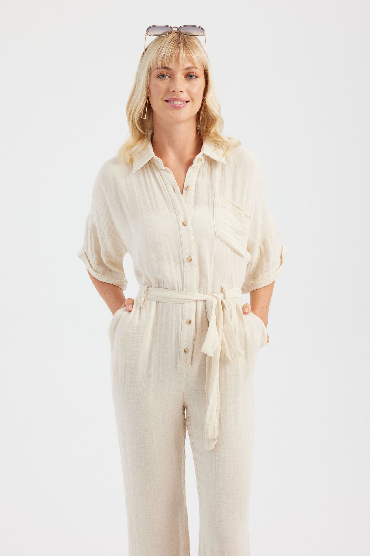 Shirt Collar Pocket Straight Leg Muslin Jumpsuit with a Belt Detail