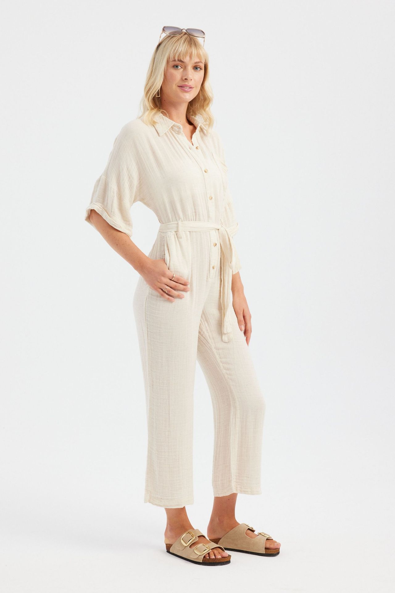 Shirt Collar Pocket Straight Leg Muslin Jumpsuit with a Belt Detail