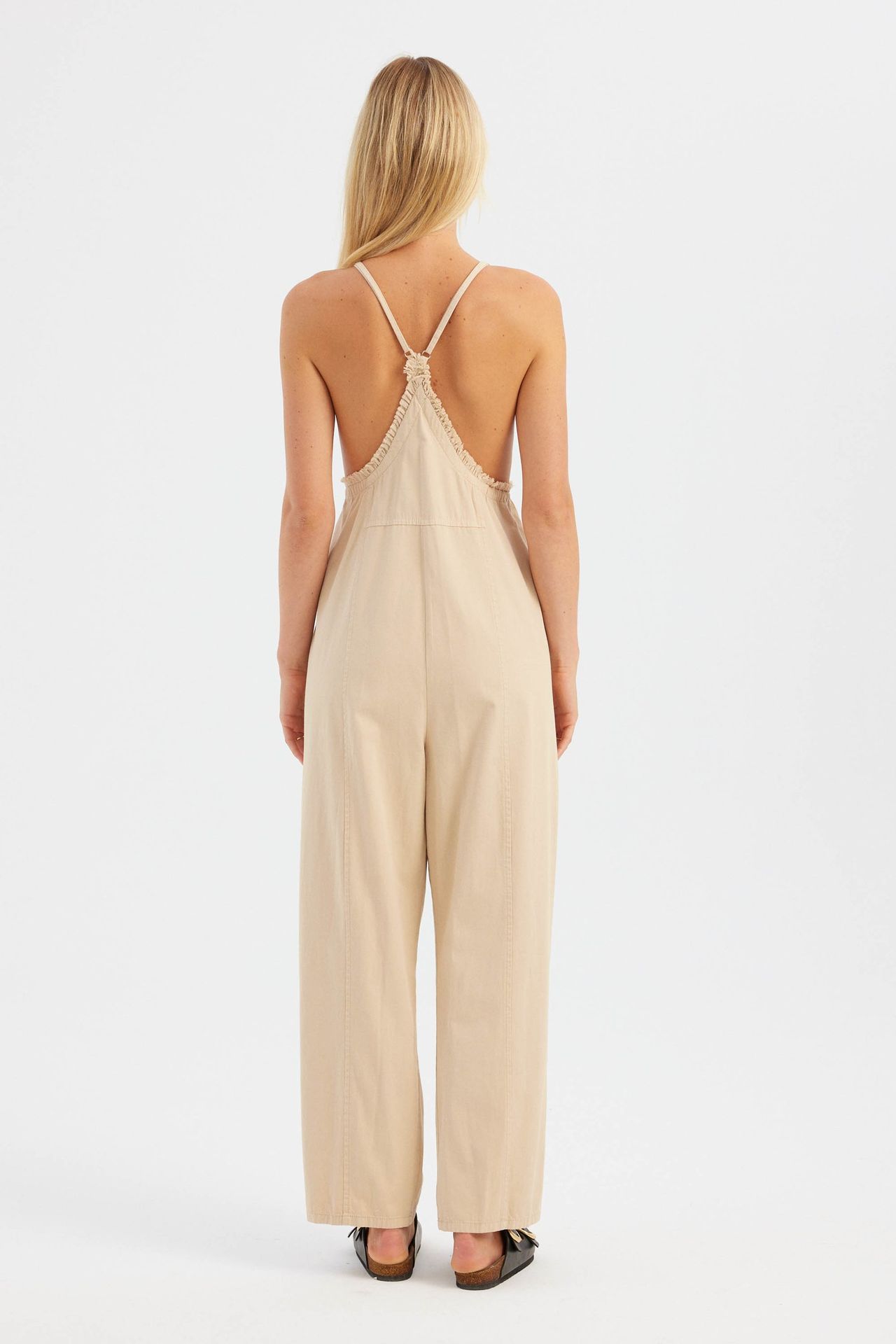 Square Neck Strappy Straight Leg Cotton Jumpsuit