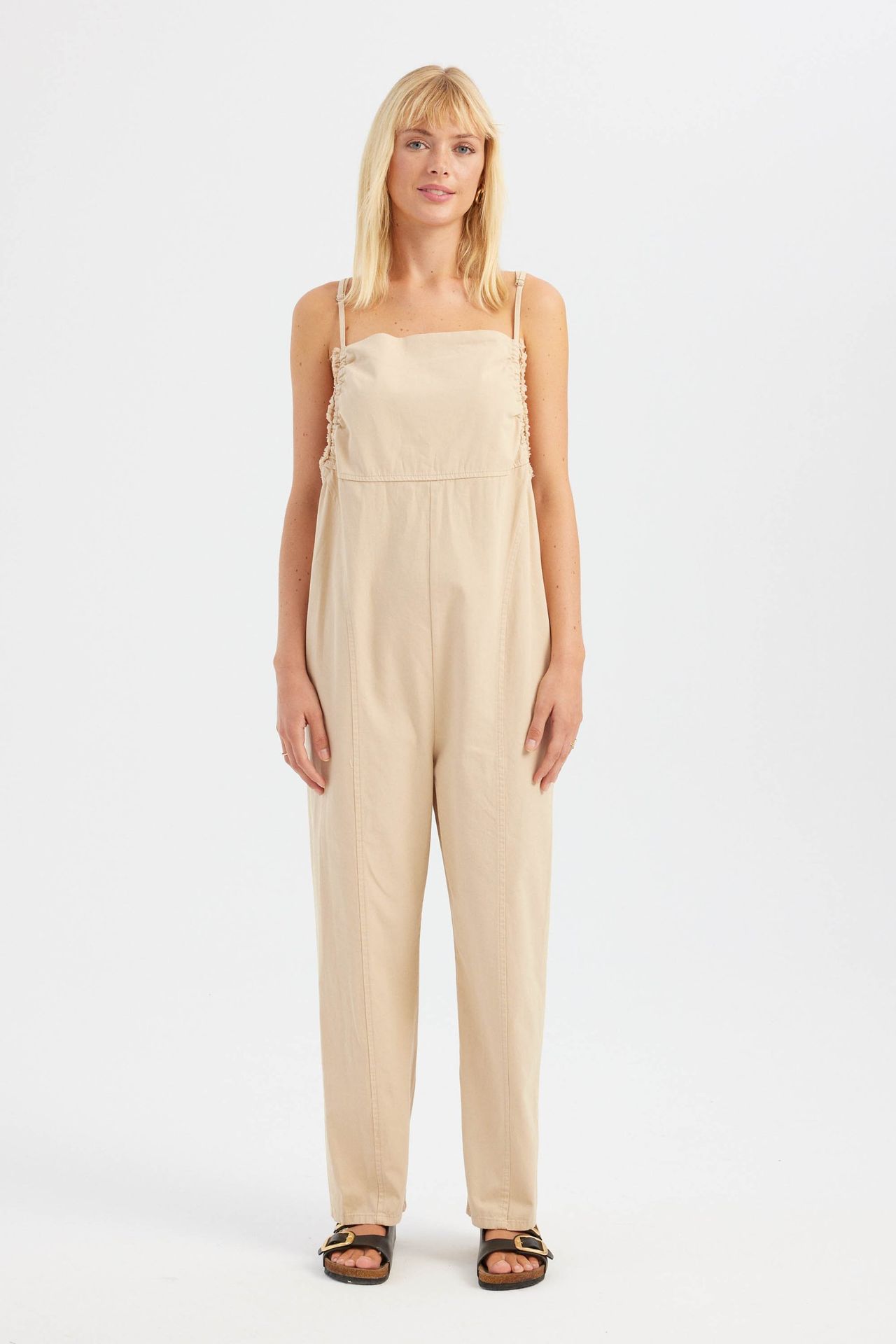 Square Neck Strappy Straight Leg Cotton Jumpsuit