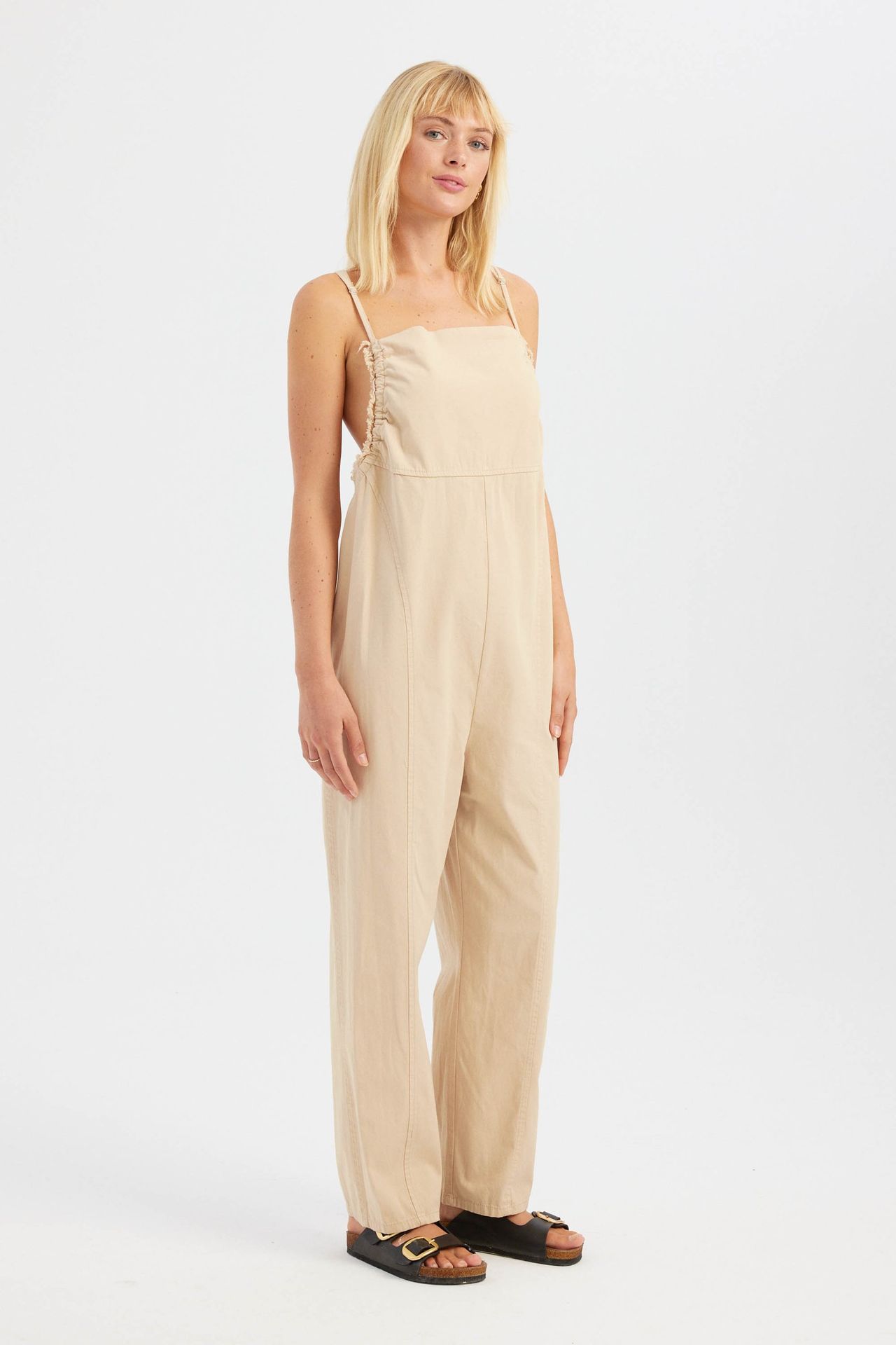 Square Neck Strappy Straight Leg Cotton Jumpsuit