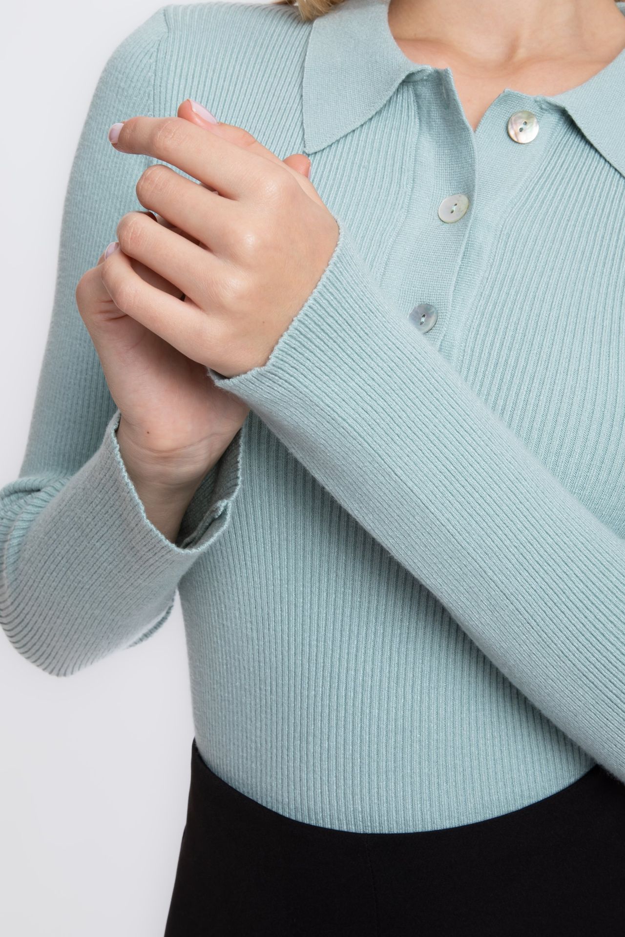 Solid Polo Collar Ribbed Casual Sweater