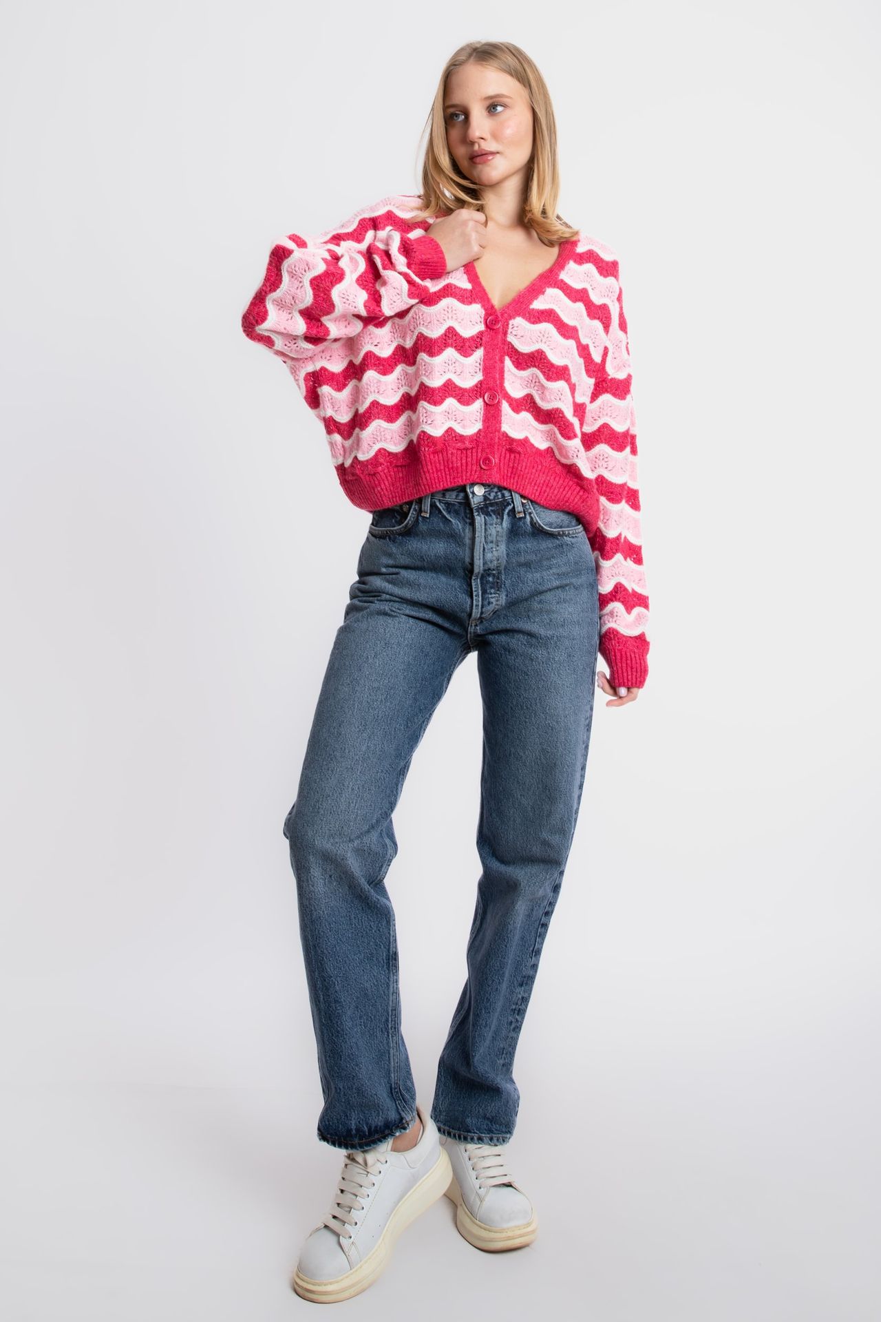 Striped V Neck Detailed Cardigan