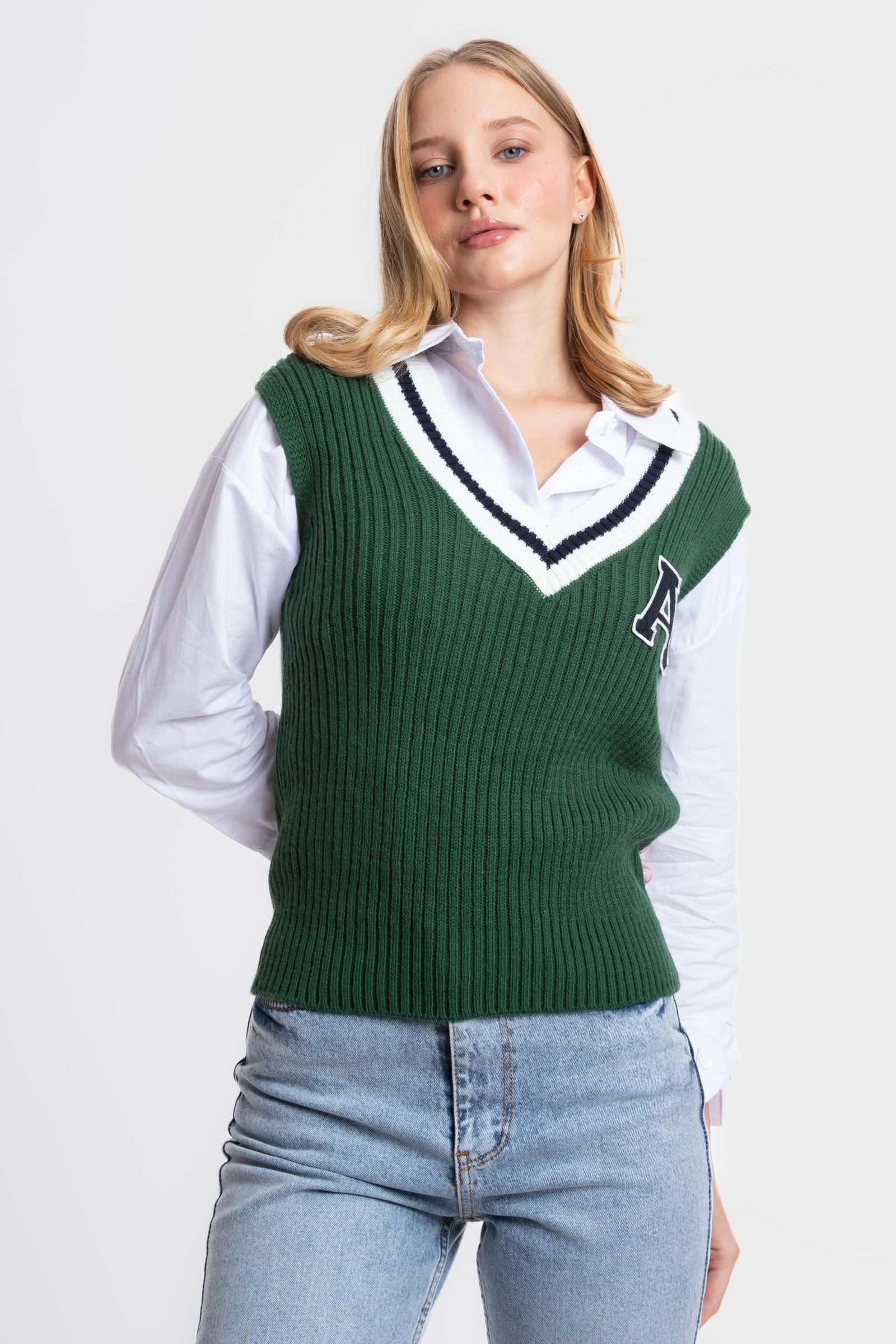 V Neck Detailed Sleeveless College Sweater