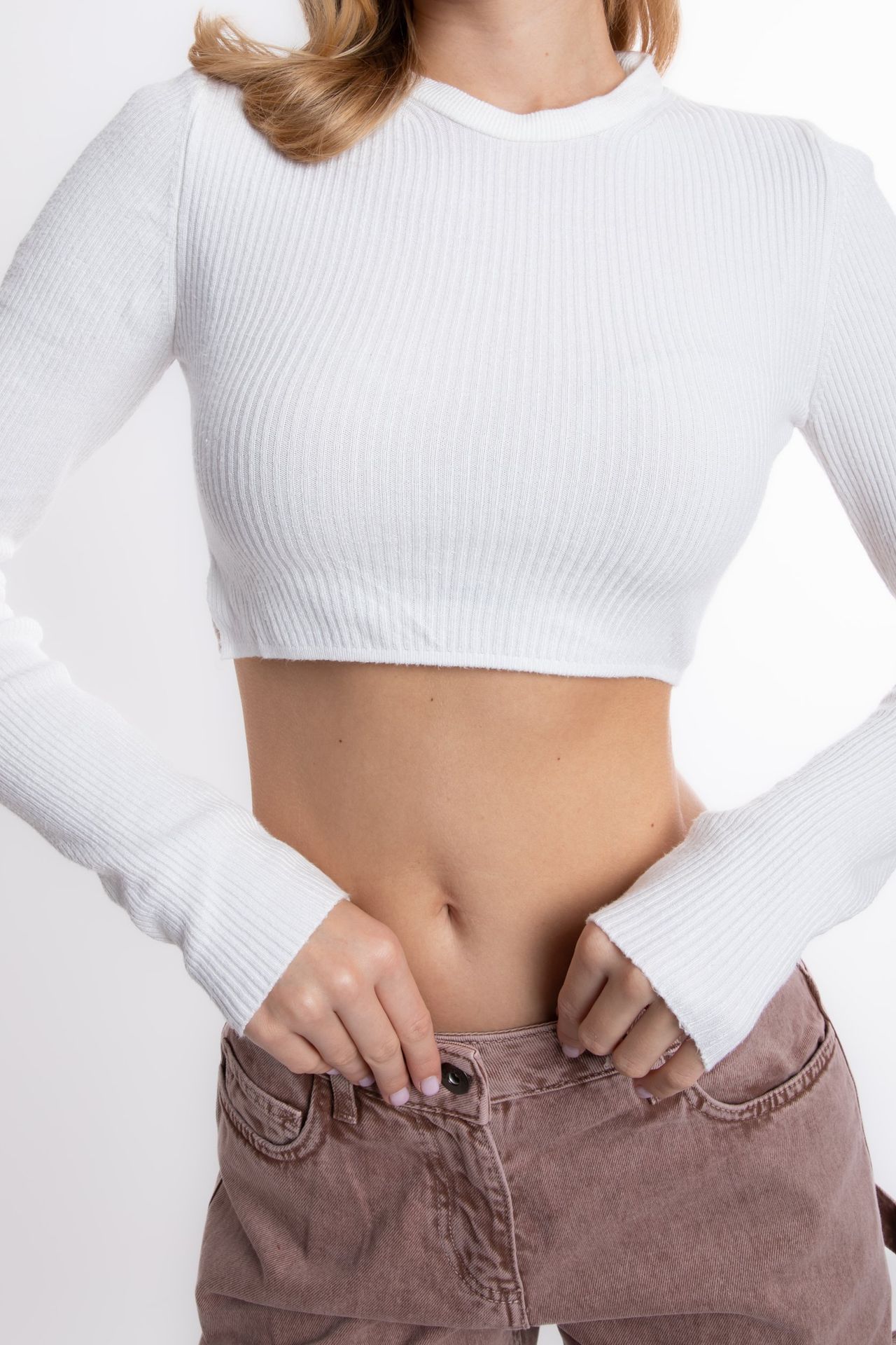 Round Neck Ribbed Cropped Sweater