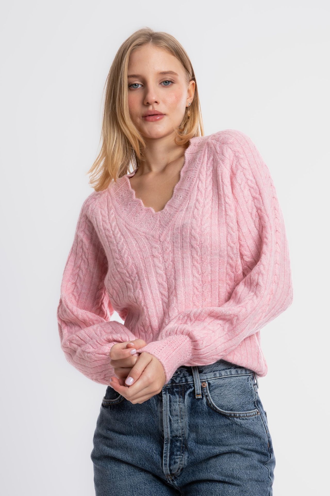 Cable Knitted V Neck Detailed Sweater