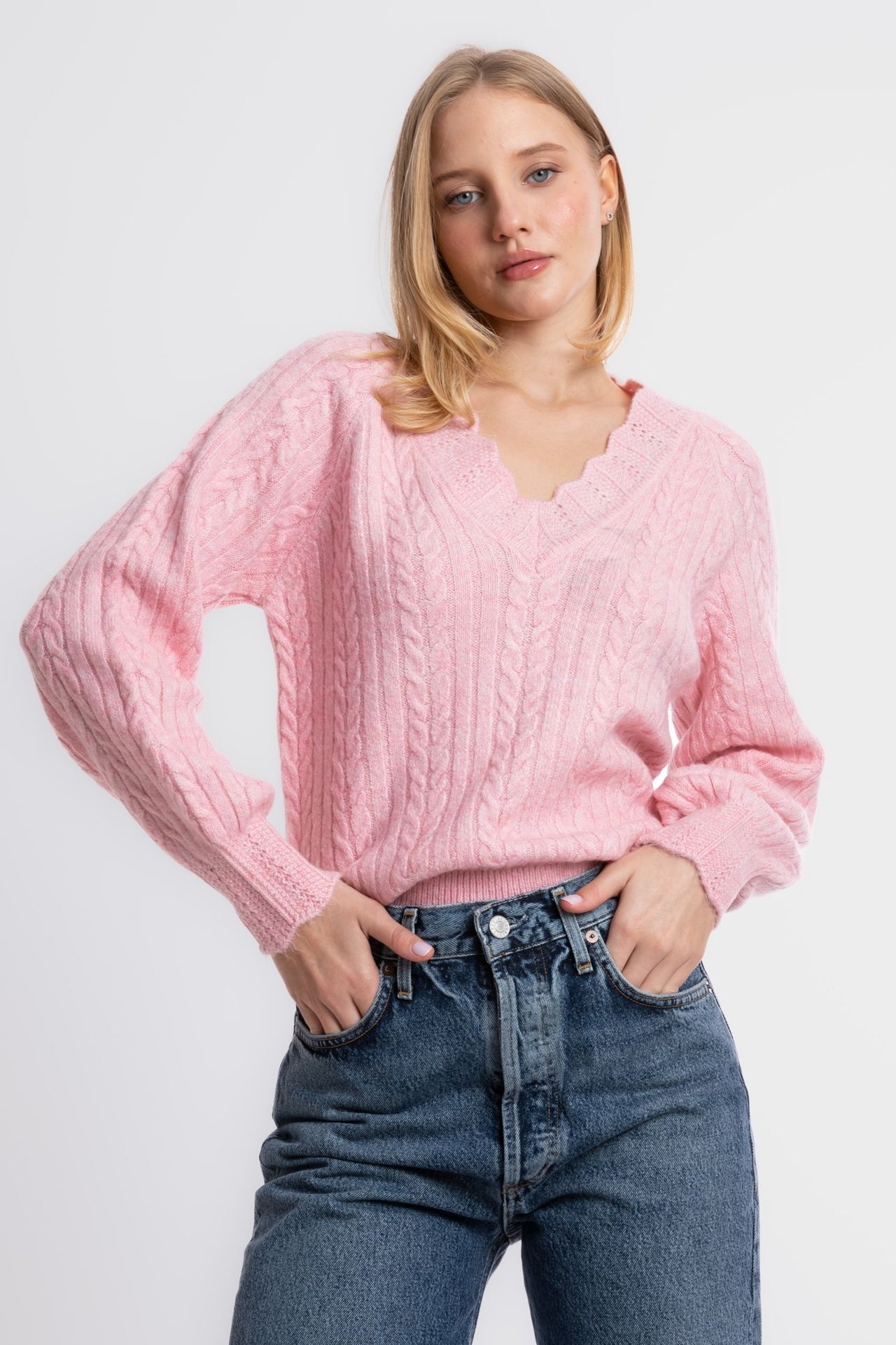 Cable Knitted V Neck Detailed Sweater