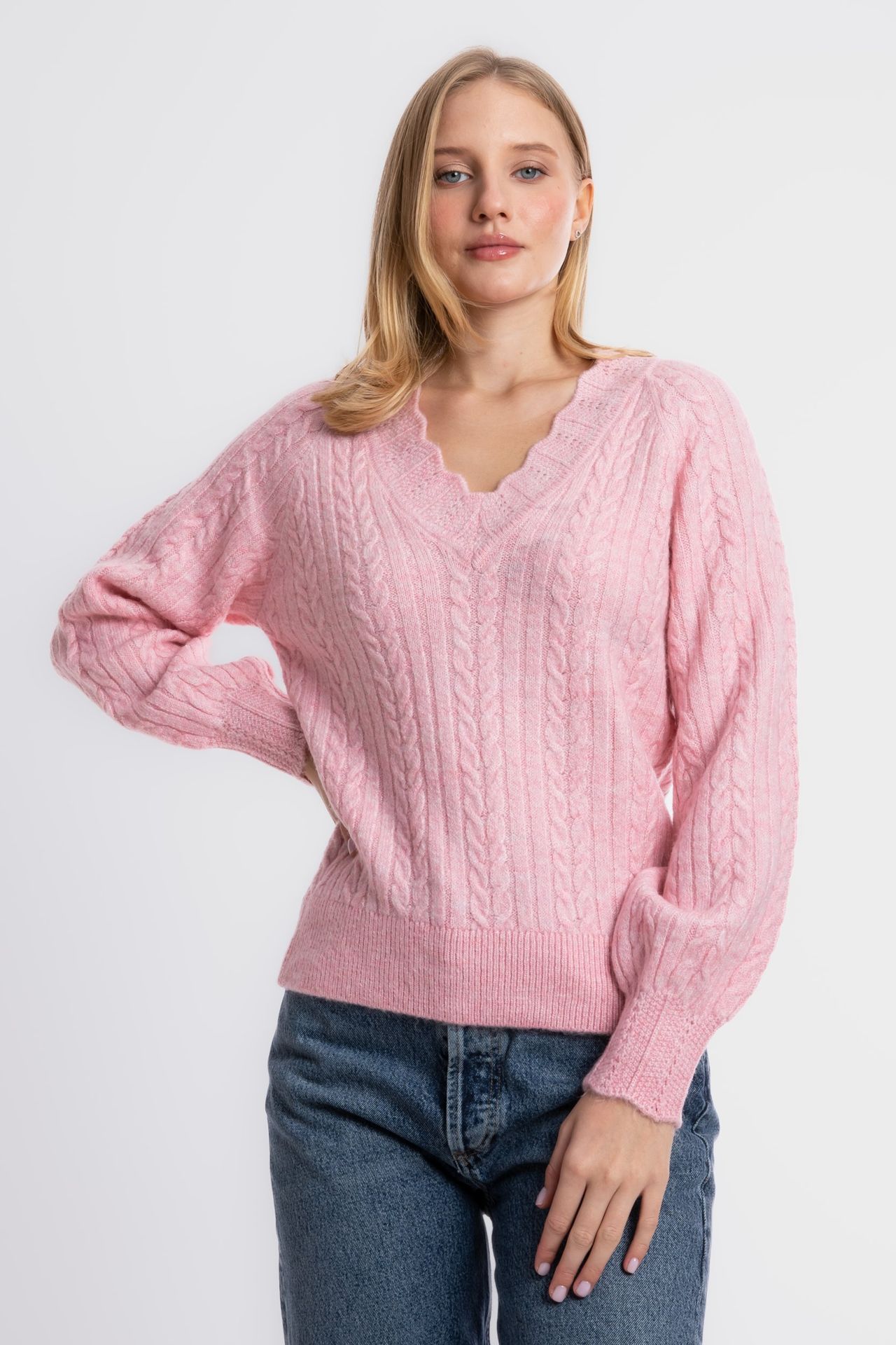 Cable Knitted V Neck Detailed Sweater