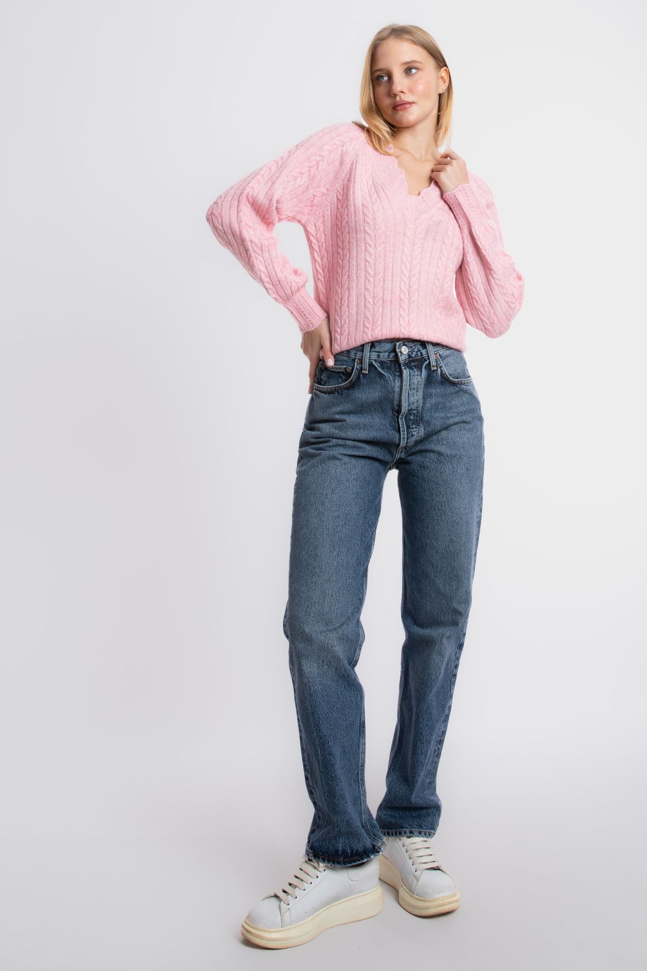 Cable Knitted V Neck Detailed Sweater