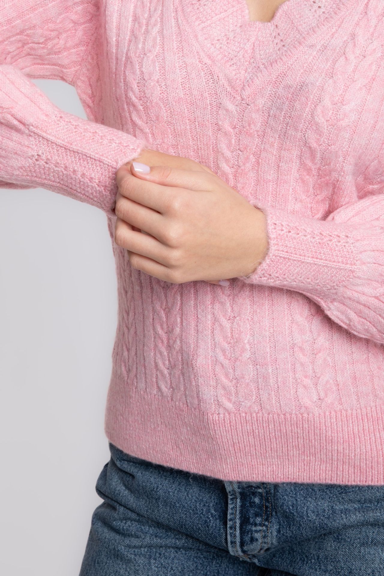 Cable Knitted V Neck Detailed Sweater