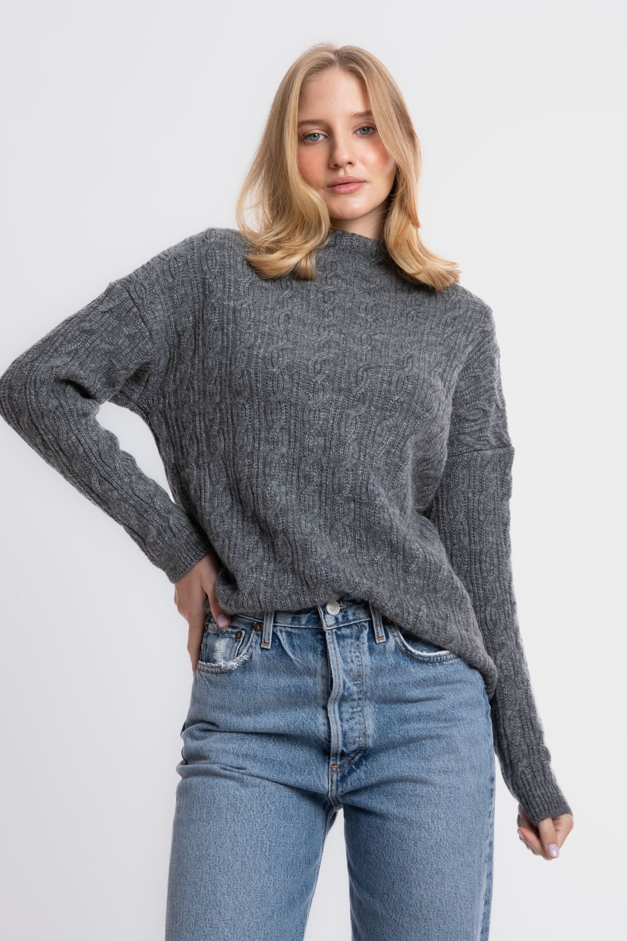 Cable Knitted Solid High Neck Sweater