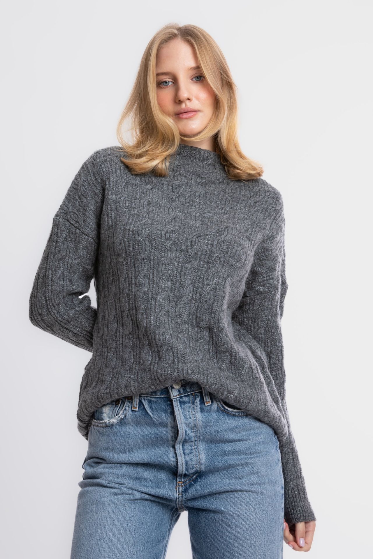 Cable Knitted Solid High Neck Sweater