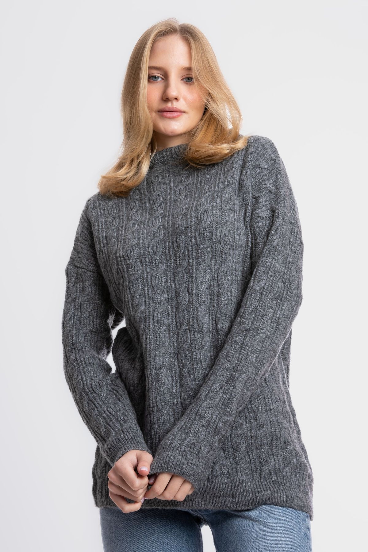 Cable Knitted Solid High Neck Sweater