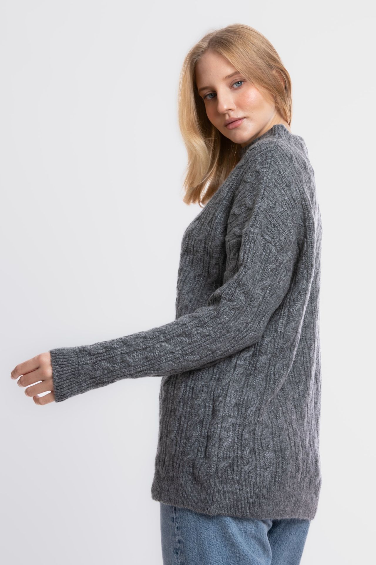 Cable Knitted Solid High Neck Sweater