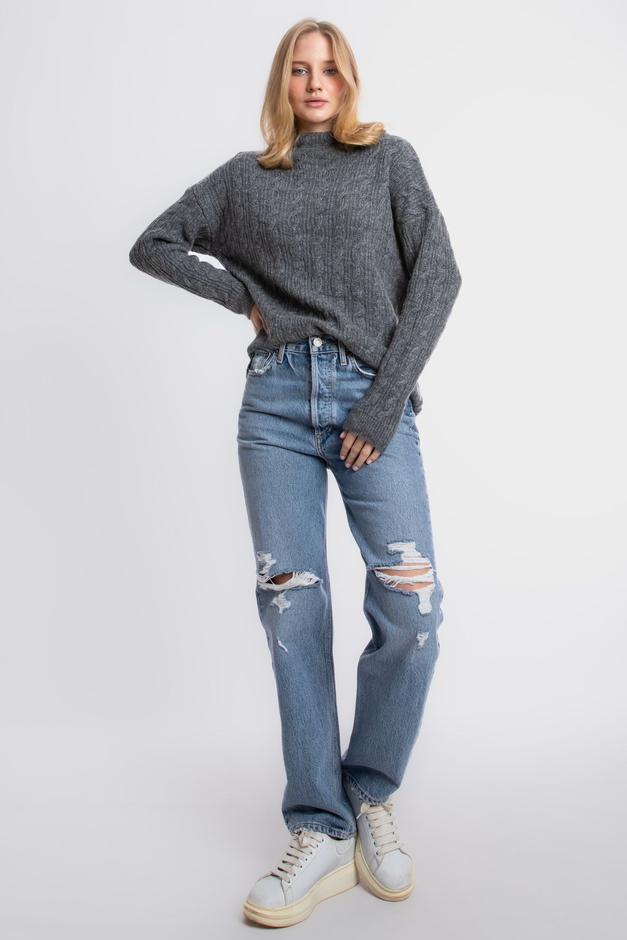 Cable Knitted Solid High Neck Sweater