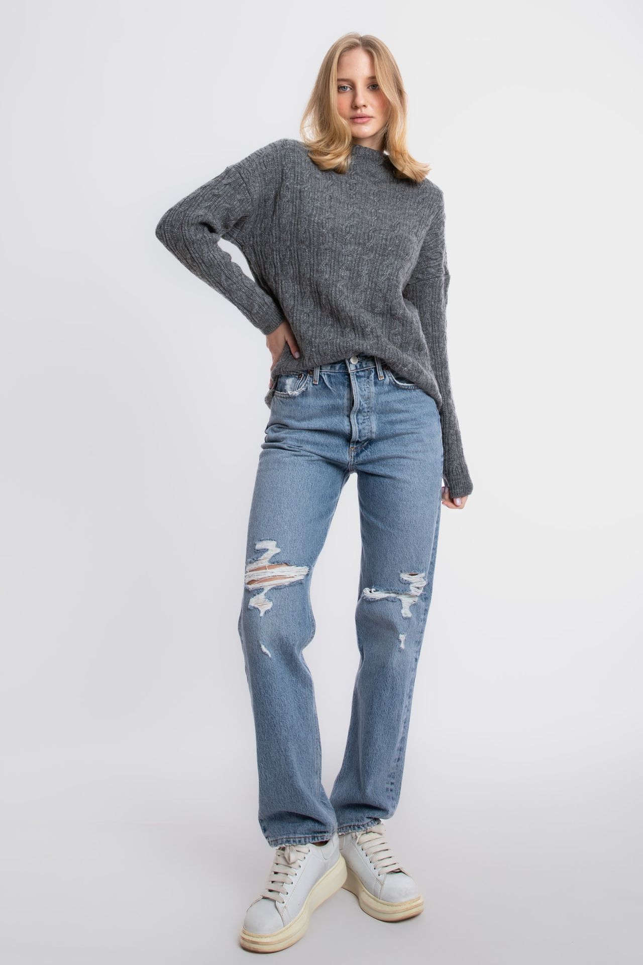 Cable Knitted Solid High Neck Sweater
