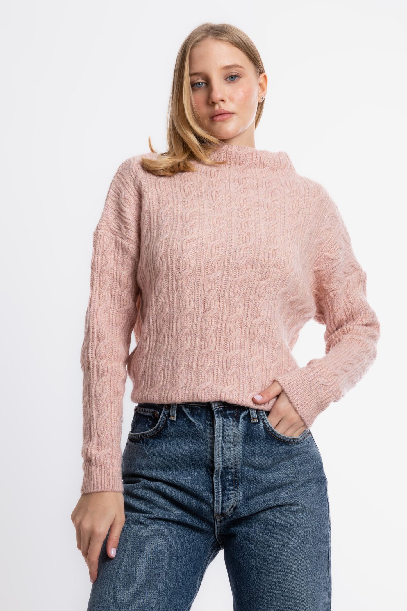 Cable Knitted Solid High Neck Sweater