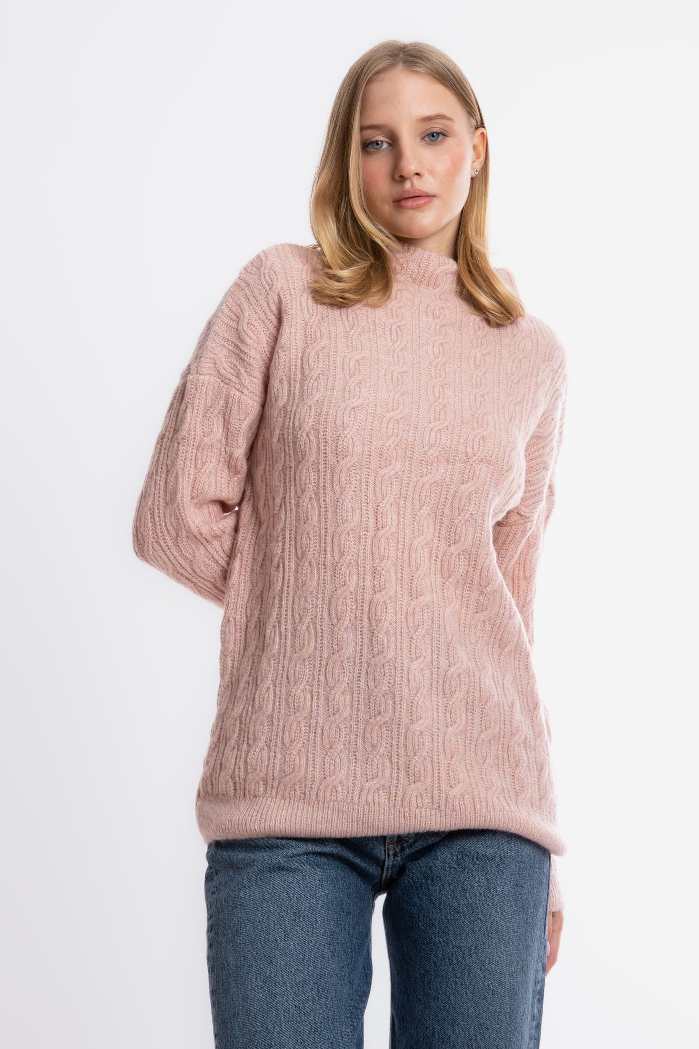 Cable Knitted Solid High Neck Sweater