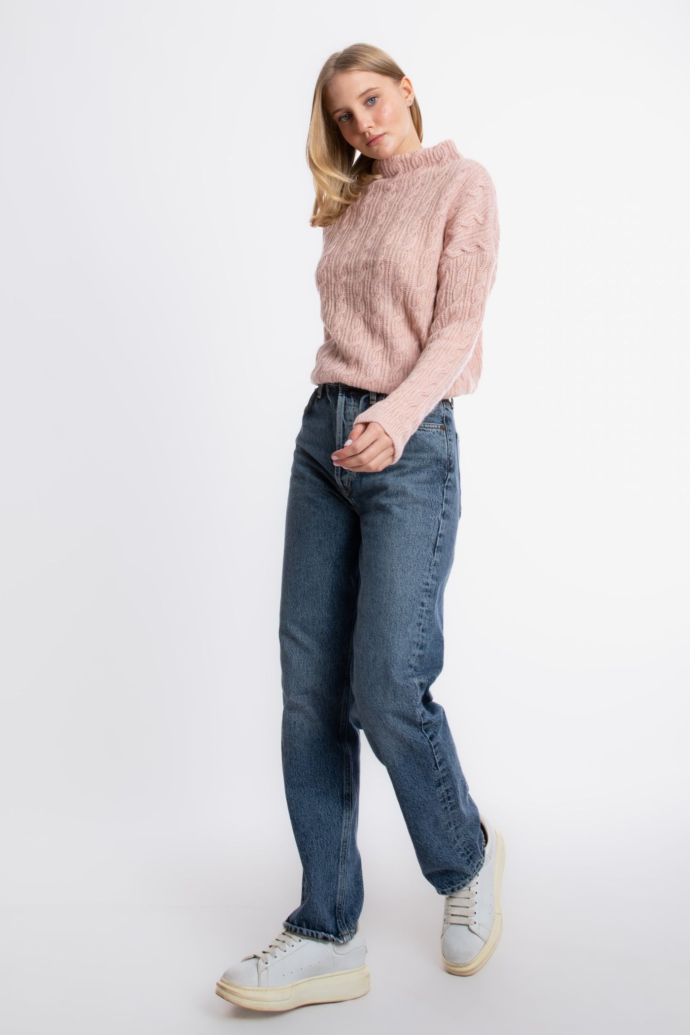 Cable Knitted Solid High Neck Sweater