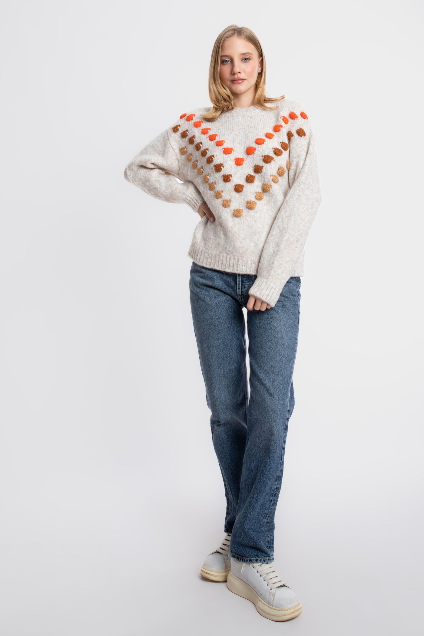 Dot Embroidered Crew Neck Sweater