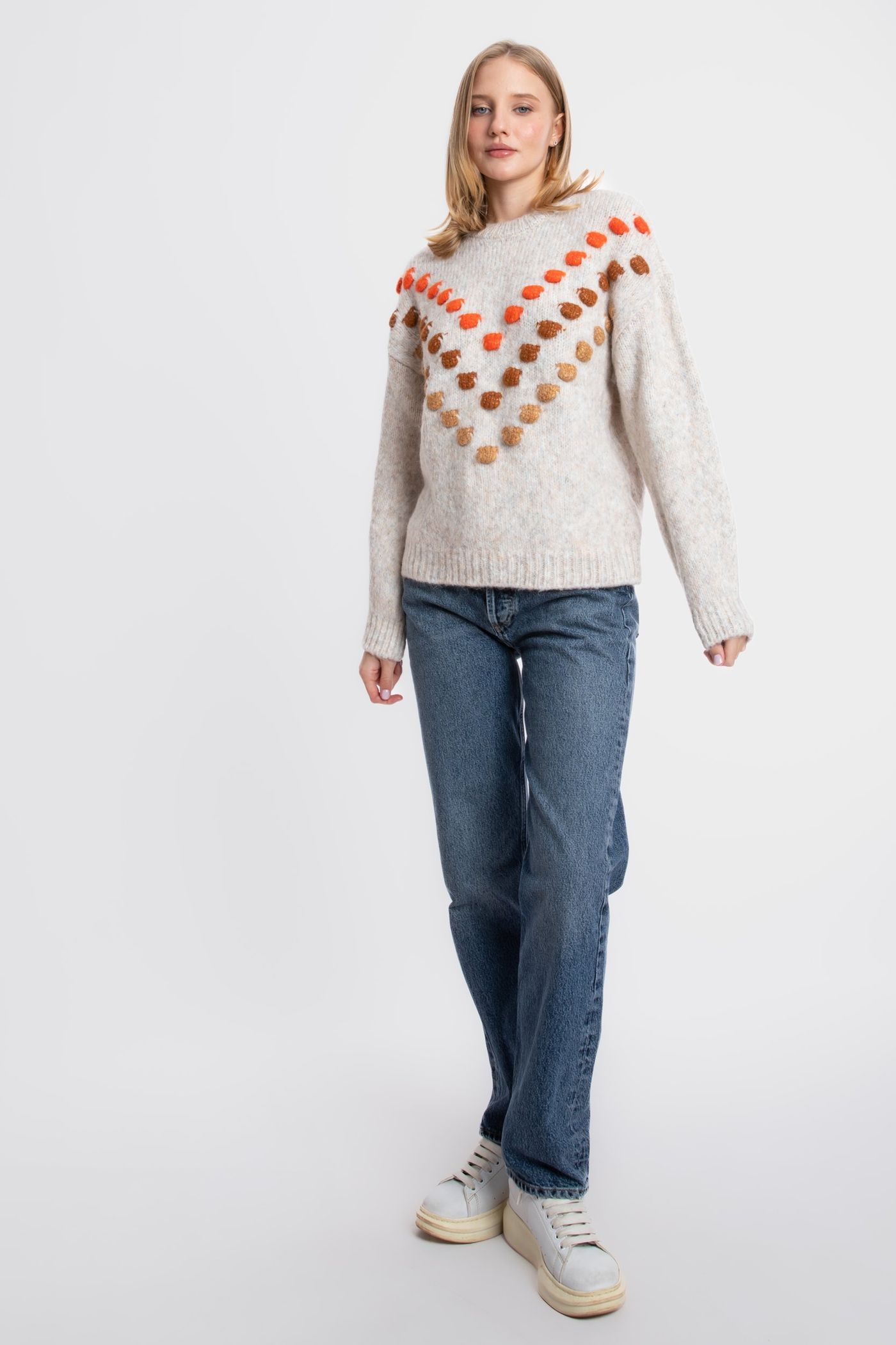 Dot Embroidered Crew Neck Sweater