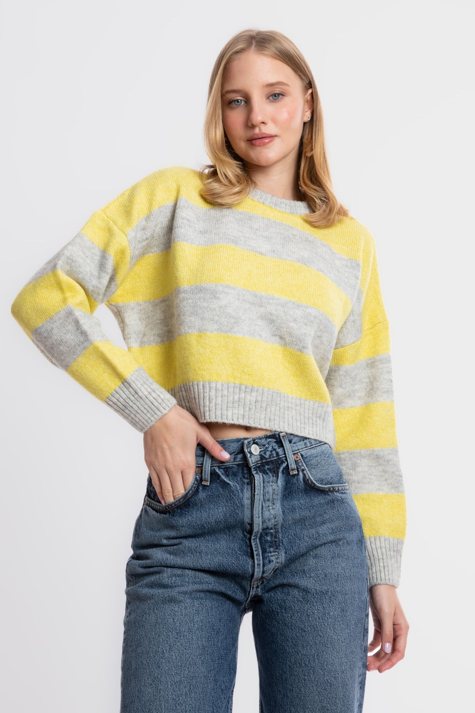 Striped Crew Neck Cropped Sweater