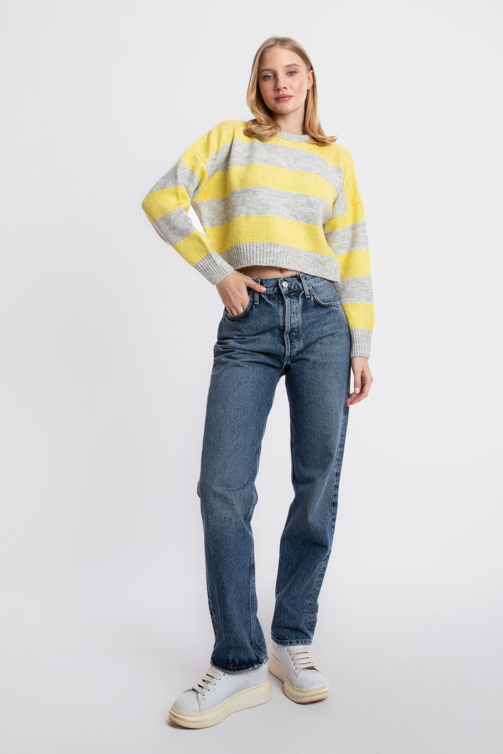 Striped Crew Neck Cropped Sweater