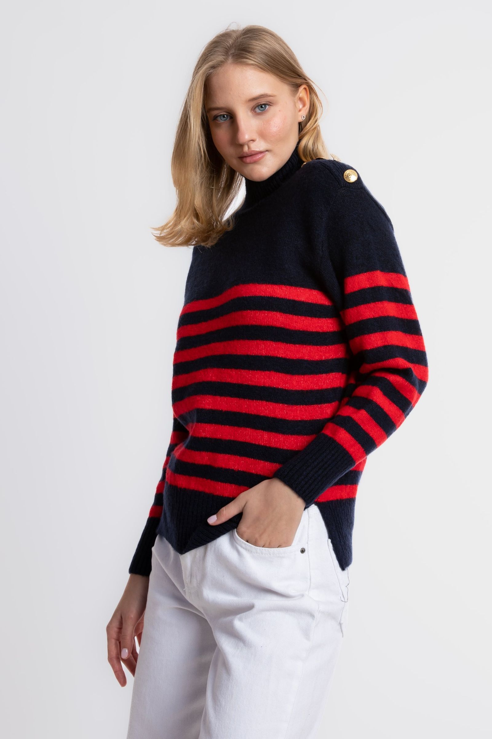 Striped Crew Neck Buttoned Sweater