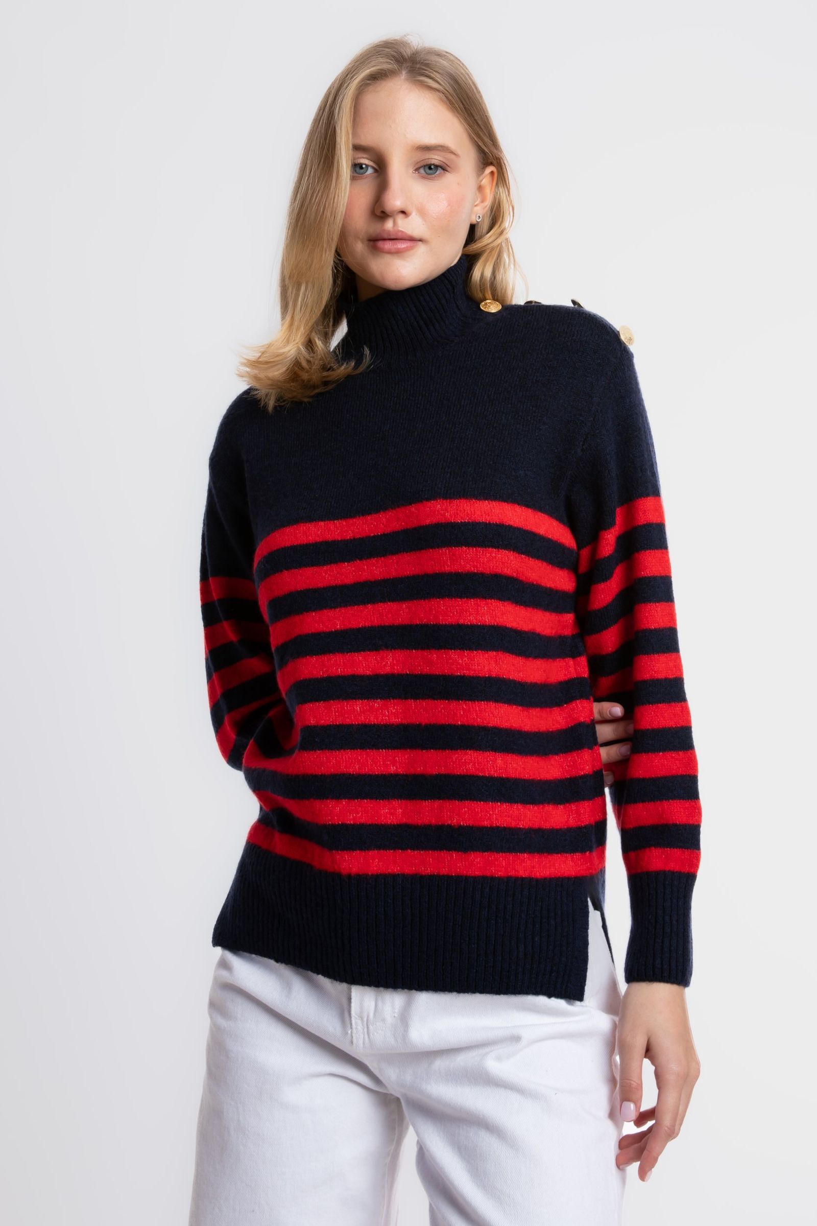 Striped Crew Neck Buttoned Sweater