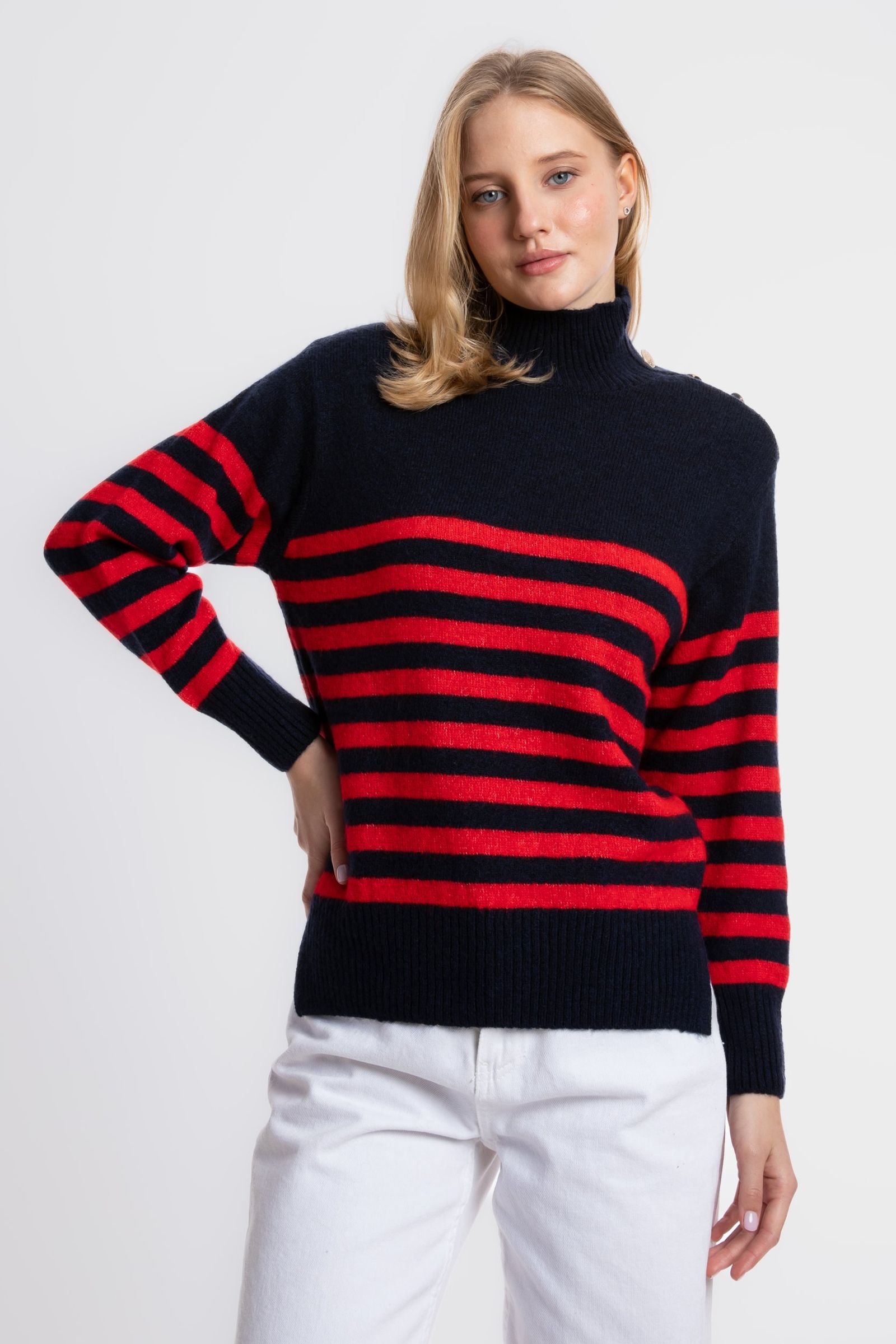 Striped Crew Neck Buttoned Sweater