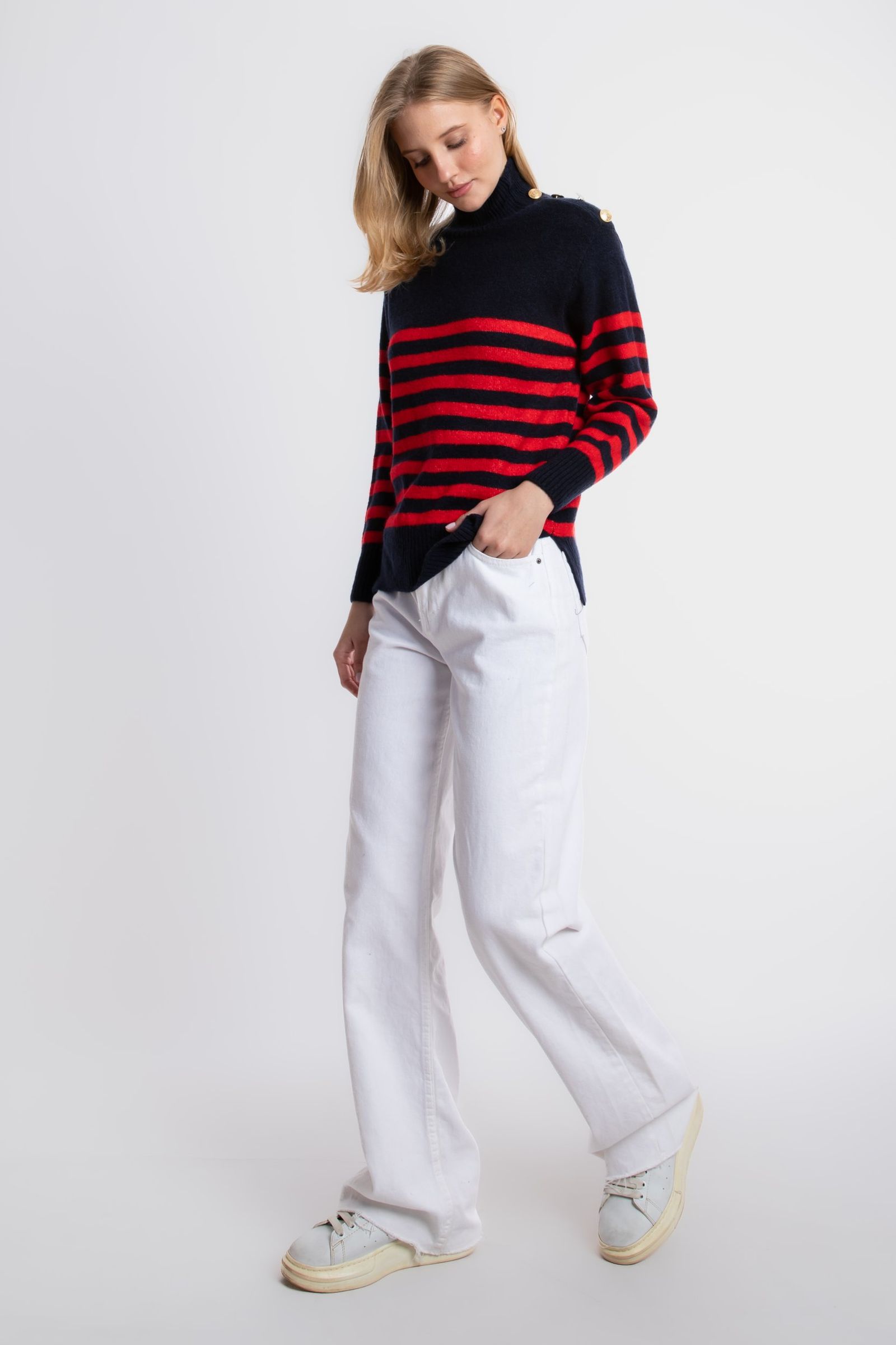 Striped Crew Neck Buttoned Sweater