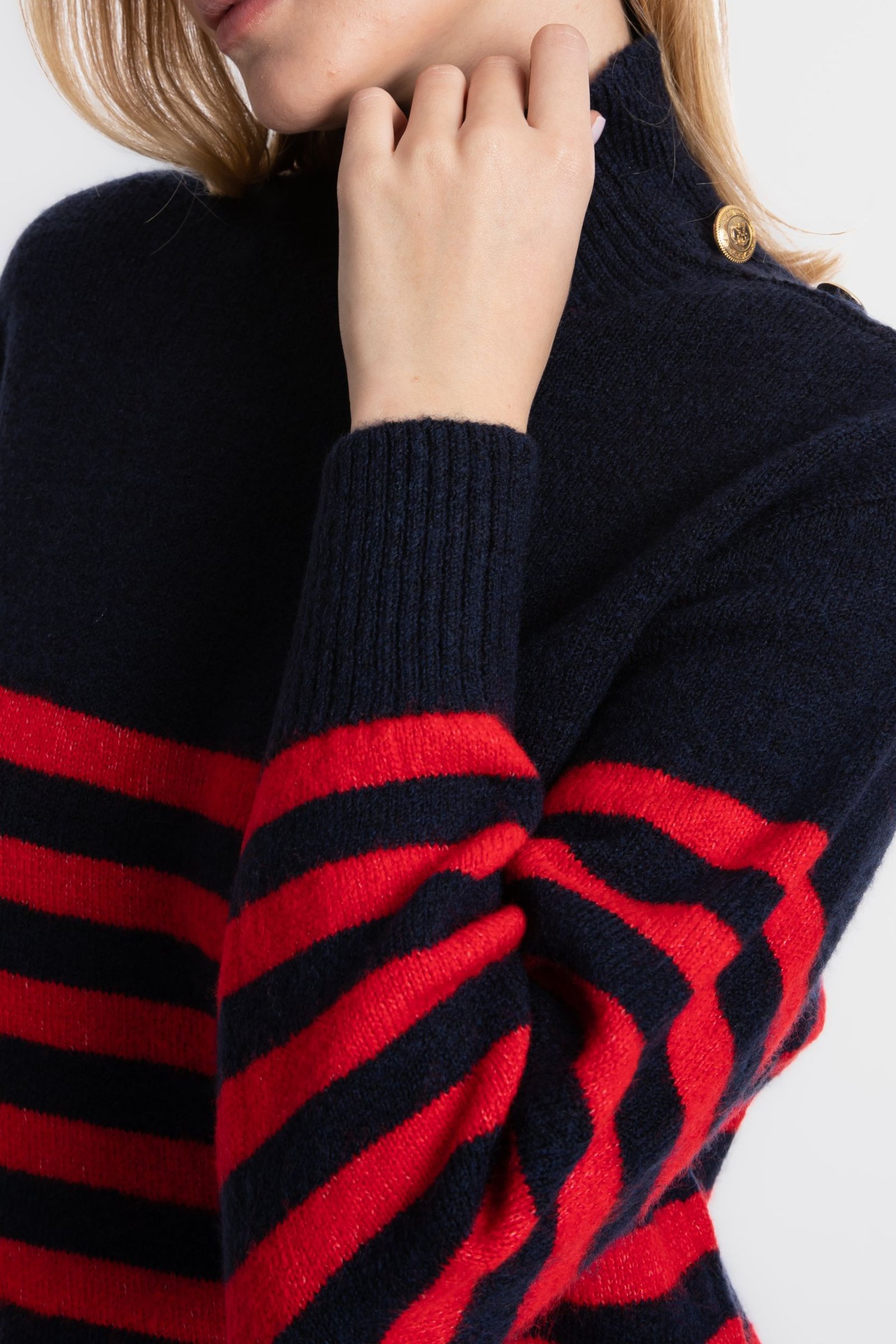 Striped Crew Neck Buttoned Sweater