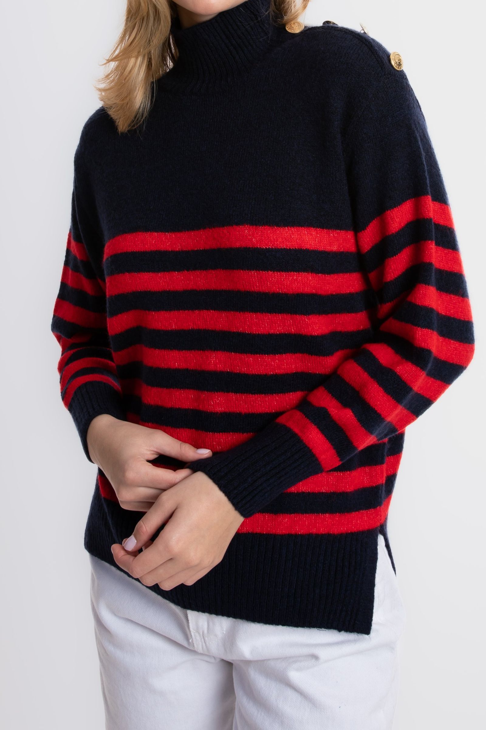 Striped Crew Neck Buttoned Sweater