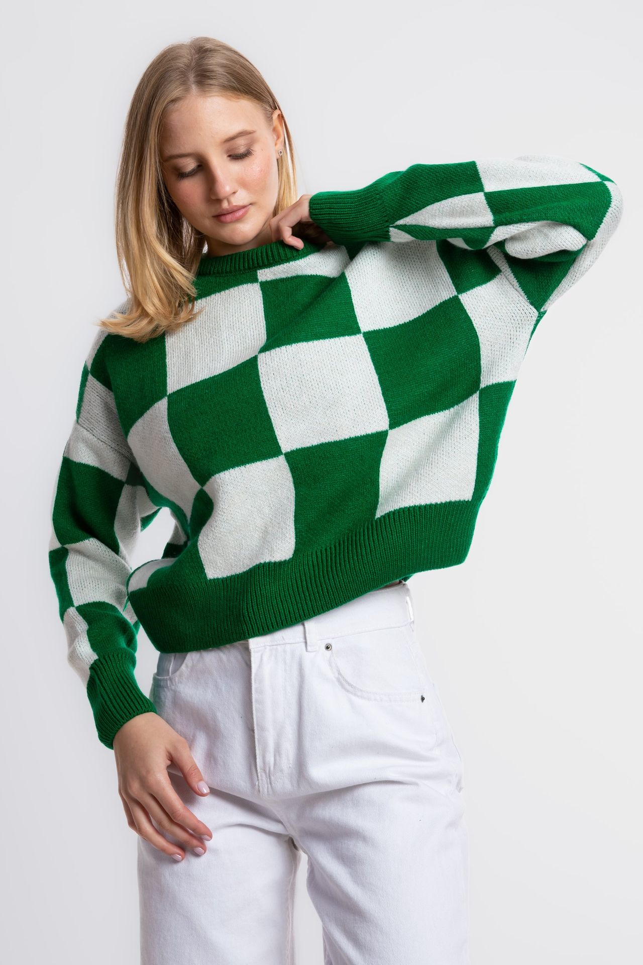 Geometric Crew Neck Cropped Sweater