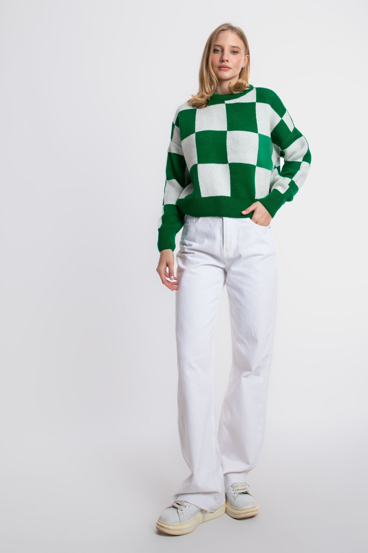 Geometric Crew Neck Cropped Sweater