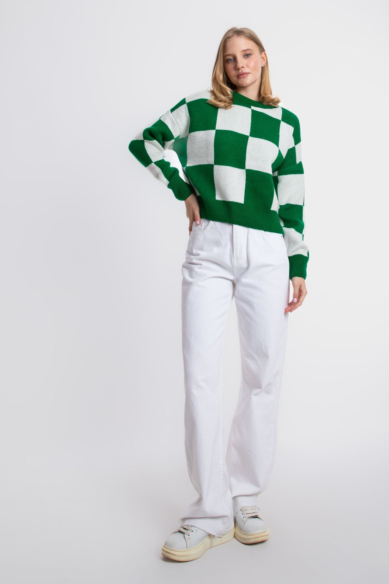 Geometric Crew Neck Cropped Sweater
